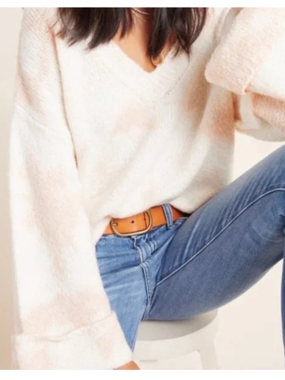 Anthropologie Cream and Light Pink V-Neck Tie-Dye Sweater Size S - Picture 2 of 7